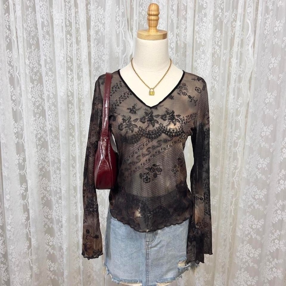 Vintage Y2K Von Mozart Brown/Black Sheer Mesh‎ Flare Sleeve L Floral Whimsigoth